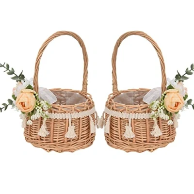 Image of Ercheng 2Pcs Flower Girl Baskets,Handwoven Arrangement Basket with Handle,Wedding Baskets,Wicker Rattan Baskets Yellow