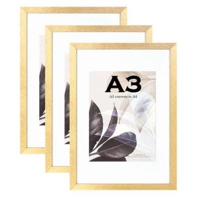 Image of Scholar Tree Gold Wooden Picture Frame A3 with Mat,Set of 3, Mount for A4 or Certificate,Wall Mountable