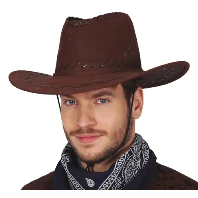 Image of FIESTAS GUIRCA Brown Synthetic Leather Cowboy Hat (One Size) Fancy Dress Accessory for Wild West, Texas and Carnival Parties Ideal Halloween Themed Celebrations Dark