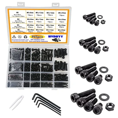 Image of HVDHYY 945pcs Nut and Bolt set M2 M3 M4 M5 Black Machine Screws &amp; Nuts Washers Assortment kit Hex Socket Button with a Reusable Storage Box (4 Wrenches)