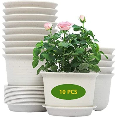 Image of KAHEIGN 10Pcs Plastic Flower Pots, 15cm Thicken Plant Pots Container Indoor Gardening Pot with Drainage Pallet (White Grey)