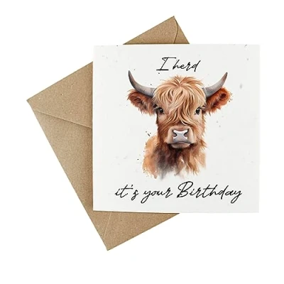 Image of Plantable Seeded Happy Birthday Card Eco Friendly Wildflower Greeting Highland Cow Funny Novelty