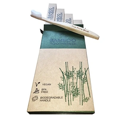 Image of Organic Bamboo Toothbrush, Eco Friendly &amp; Biodegradable, Medium Bristles, Contoured Easy Grip Handle, BPA Free, Vegan, Zero Plastic Packaging, (4)
