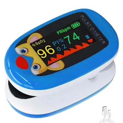 Image of Pediatric Pulse Oximeter CE FCC Approved Heart Rate Stats Monitor Kids Finger Blood Oxygen Saturation Monitoring NHS Children SpO2 Levels TFT Lanyard &amp; USB (Blue Oximeter)