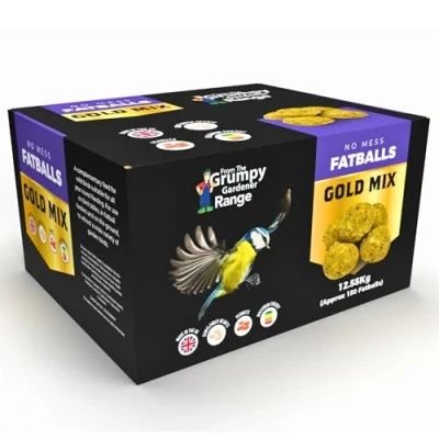Image of Grumpy Gardener Fat Balls for Wild Birds Gold Mix Suet enriched Ingredients, Beef Tallow, Chipped sunflower hearts and Peanuts Ultimate Bird Food Treat (150 pack, 12.55kg)