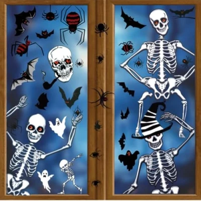 Image of Halloween Window Stickers Decorations Clings Decals Doublesided Reuseable Skeleton Bats Spider Ghost