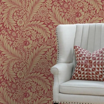 Image of World of Wallpaper Florence Leaf Floral Metallic Gold/Red 725 Feature Wall Paper for Living Room Bedroom Hallway Lounge