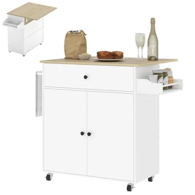 Image of HOMCOM Kitchen Island with Drop Leaf, Rolling Storage Trolley, White