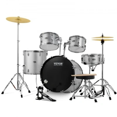 Image of VEVOR Adult Drum Set, 5 Piece, 22 inches Complete Full Size Kit with Bass Toms Snare Floor Adjustable Throne Stands Cymbal Hi Hat Pedal and Drumsticks, Beginner for Adults, Silver