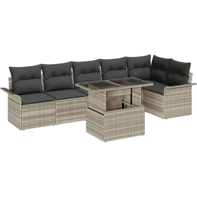 Image of vidaXL 7 Piece Garden Sofa Set with Cushions Light Grey Poly Rattan