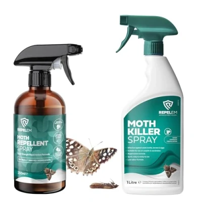 Image of REPELEM Moth Treatment Kit 1L Killer Spray &amp; 250ml Natural Repellent For Wardrobes Complete Professional Strength Clothes Moths Carpet