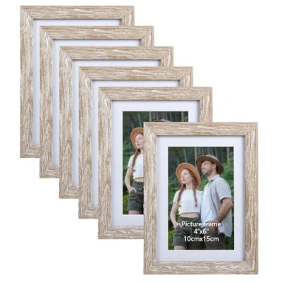 Image of EYMPEU 6x4 Photo Frame with Mat Capable of Holding 7x5 or Photos, Set 6 Natural Frames for Wall Table Top Rustic