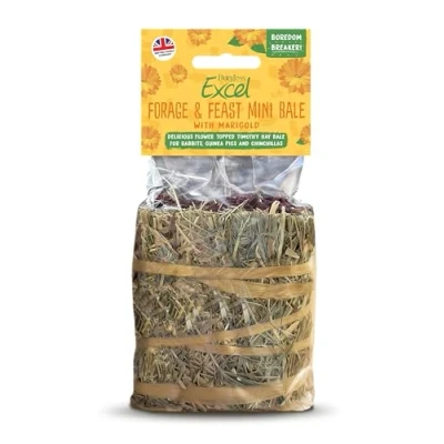 Image of Excel Forage &amp; Feast Mini Bale with Marigold, 100g Hay Treat for Rabbits Guinea Pigs Natural Snack Topped Marigold
