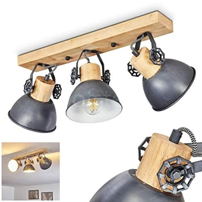 Image of hofstein Orny Ceiling Light, Metal/Wood lamp in Grey/White/Brown, 3 Flame, with Adjustable spotlights, x E27 Socket, Retro/Vintage Design Spotlight, Bulbs not Included