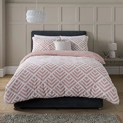 Image of Sleepdown Geo Jacquard Fleece Thermal Warm Cosy Super Soft Duvet Cover Quilt Bedding Set with Pillow Cases Blush Pink White King (220 cm x 230 cm)