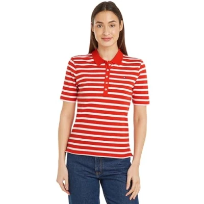 Image of Tommy Hilfiger Women&#039;s 1985 Reg Pique Stripe Polo Ss Ww0ww39531 S/S Polos, Red (Breton Fierce Red/Ecru), M