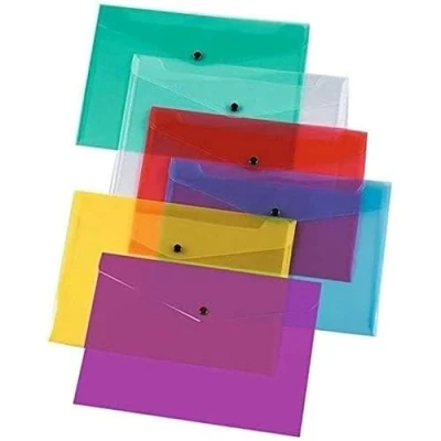 Image of 5 A5 Document Plastic Wallets Bright Transparent Popper Wallet/Paper Assorted Colours