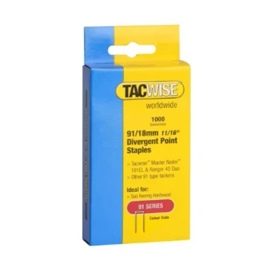 Image of Tacwise 0287 Type 91 / 18 mm Galvanised Narrow Crown Staples, Divergent Point, Pack of 1,000, Silver