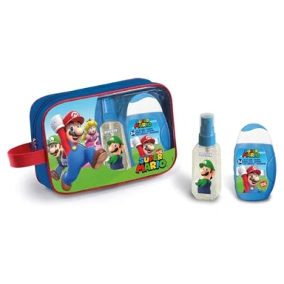 Image of Super Mario Travel Toiletry Bag with 2 in 1 Bubble Bath &amp; Shampoo (200ml) and Eau de Toilette (90ml) Natural Perfume Spray for Kids