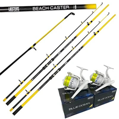 Image of 2x LFS Beachcaster Sea Fishing Rod 12ft 2pc + Lidsters BLUE OCEAN 70 Reel Yellow