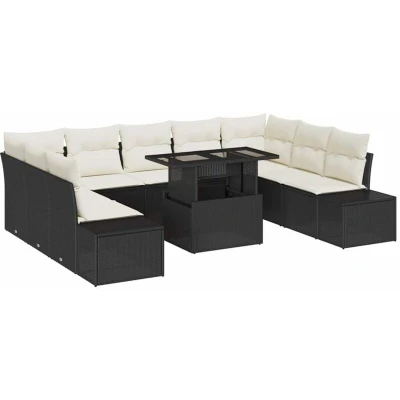 Image of vidaXL 10 Piece Garden Sofa Set with Cushions Black Poly Rattan