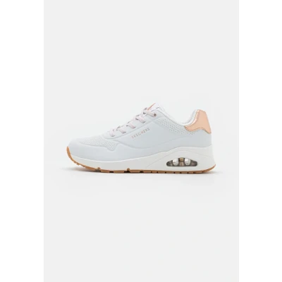 Image of Skechers Women&#039;s Uno Shimmer Away Sneaker, White Durabuck Rose Gold Duraleather Trim, 5.5 UK