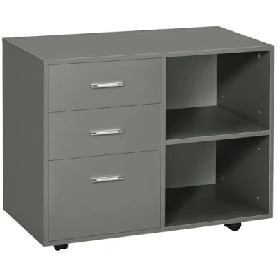 Image of HOMCOM Freestanding Printer Stand Unit Office Desk Side Mobile Storage w/Wheels 3 Drawers, 2 Open Shelves Modern Style 80L x 40W 65H cm Grey