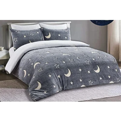Image of LIZZIE JACOBS Teddy Glow in The Dark Sherpa Fleece Super Soft Warm Cosy Kids and Adults Duvet Cover Sets Quilt Covers Bedding NZ (Single Set, Moon Stars)
