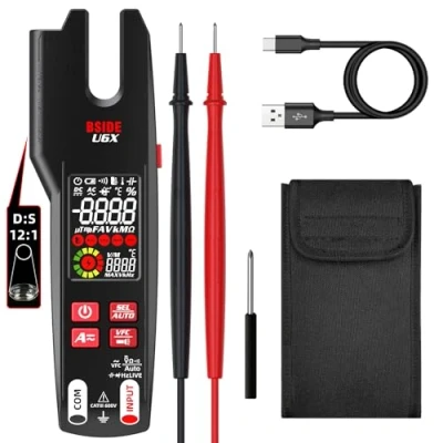 Image of BSIDE U6X Electrical Tester Open Jaw Clamp Meter AC DC Current 600A with Upgraded Infrared Thermometer 12:1 Colour LCD 9999 Counts VFD Smart Digital Multimeter Rechargeable Battery and Case