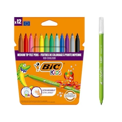 Image of BIC Kids Felt Tip Pens, Kid Colour with Medium Blocked Tip, Vivid Colouring Washable Markers, Back to School Supplies, 12 Pack