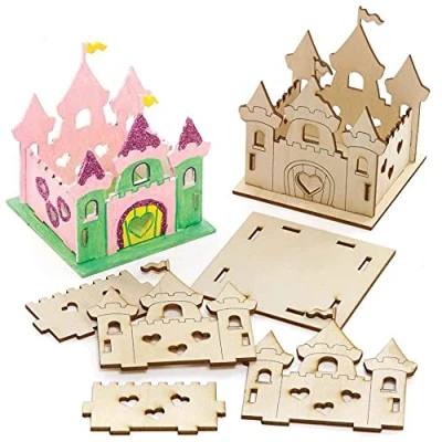 Image of Baker Ross FE580 Castle Wooden Model Kit Pack of 3, Tealight Holder to Decorate and Display, Ideal Childrens Arts Crafts Project