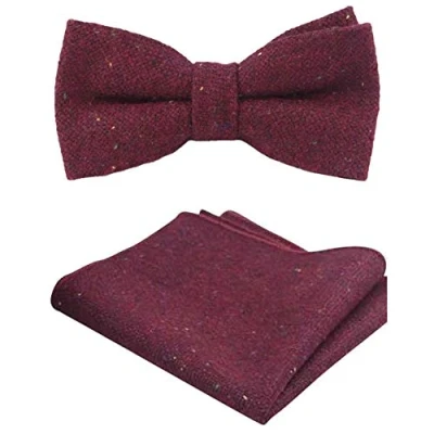 Image of Men&#039;s Luxury Wool Pre tied and Fully Adjustable Bow Tie &amp; Pocket Square Set (Burgundy) suitable for formalwear, office, weddings, parties, grooms groomsmen outfits