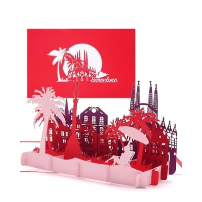 Image of Barcelona greeting card, 3D pop up card with the skyline and Sagrada Familia, city map as a souvenir, invitation, travel voucher for Spain, holiday trip