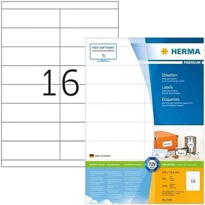 Image of HERMA Self Adhesive Address Labels, 16 Labels per A4 Sheet, 100 Sheets, 105 x 33.8 mm, 1600 Blank Mailing Stickers, Sticky for Laser &amp; Inkjet Printer, White