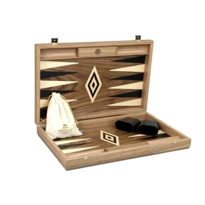 Image of Wooden Tournament Championship Manopoulos Backgammon Set Family Game Antique Walnut 23 Inch Storage Racks Included With Pieces