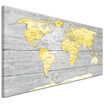 Image of Wallfillers Large Yellow Grey Map of World Atlas Canvas Wall Art Print Maps Modern 1305 Small 97x40cm
