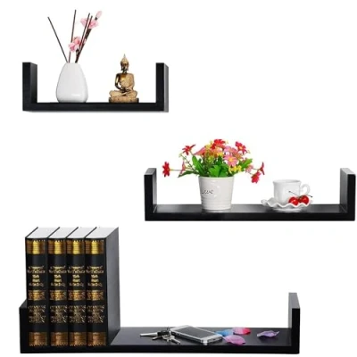 Image of YORKSHIRE HOMEWARE MDF Set of 3 U Shaped White Floating Shelves for Bedroom, Kitchen, Office, and Bathroom Decorative Wall Mounted Shelving Unit with Invisible Mounting, Modern Finish (Black)