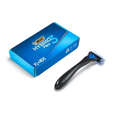 Image of BIC Hybrid 3 Flex Refillable Men&#039;s Razor, 90% Recycled Plastic Handle and 10 Triple Blade Refills with Lubricating Strip Bundle of 1+10
