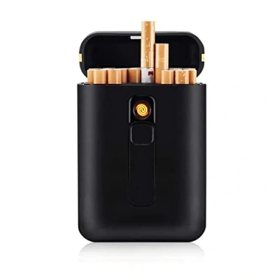 Image of Lighter Cigarette Case,Cigarettes Box USB Lighters 2 in 1,Rechargeable Flameless Windproof Electric Lighter,Black