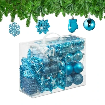 Image of Relaxdays 100x Christmas Ornaments, Baubles, Glittering, Matte &amp; Shiny, Tree Decorations, Plastic, 10 Designs, Petrol, 24 x 30 12 cm