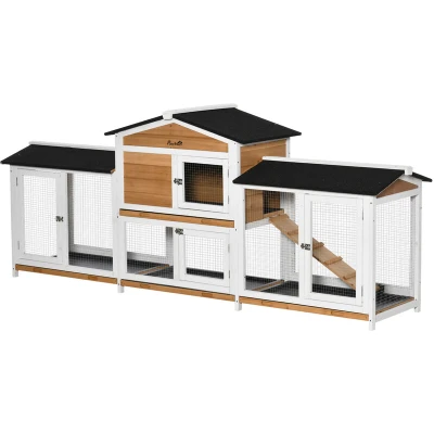 Image of PawHut Large Rabbit Hutch Outdoor, 2 Tier Guinea Pig Hutch, Wooden Bunny Run, Small Animal House with Double Side Run Boxes, No leak Plastic Tray, Ramp, 230 x 53 93.5cm
