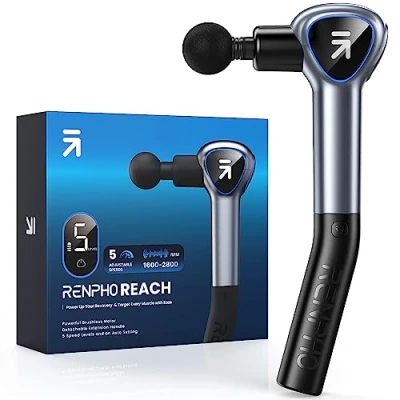 Image of Massage Gun with Detachable Handle, RENPHO Reach Mini Massager Extension Muscle Deep Tissue Touchable LED Screen for Home Workout Full Body Relax, Grey