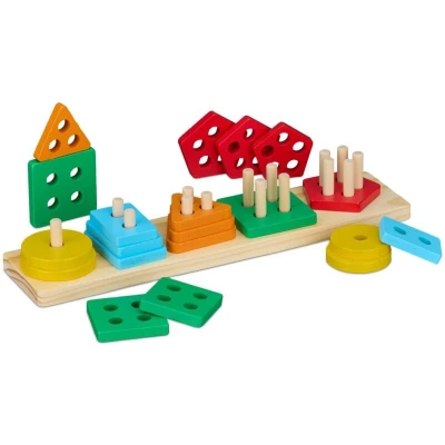Image of Relaxdays Sorting, 5 Different Shapes, Wooden Motor Skills Toy for 3 Years+, Stacking Tower, Colourful, Wood, 5.5 x 35 8 cm