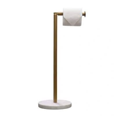 Image of ACL Pedestal Toilet Roll Holder With Marble Base Modern Freestanding Paper Floor (Matt Gold White Round Base)