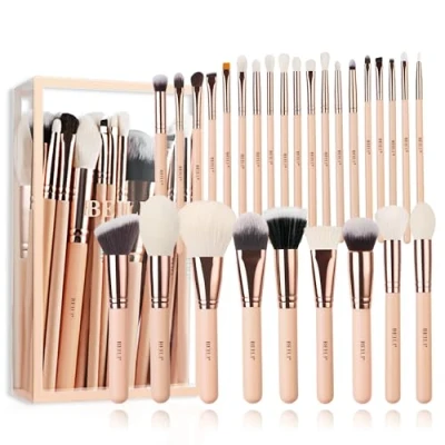Image of BEILI Makeup Brushes Set,Eye Brushes,Concealer brushes,28pcs Professional Foundation Brush Eyeshadow Eyeliner Eyebrow Blending Blush Natural Goat Hair Rose Gold Pink