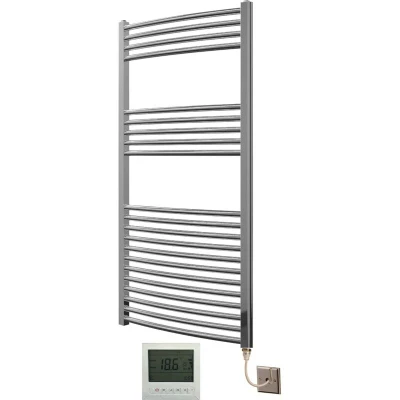 Image of Greened House Extra High Heat Output Chrome Electric Towel Rail 600 x 1200mm Curved Bathroom Radiator Heater Up to 26% More + Timer and Thermostat