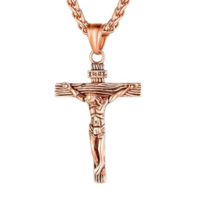 Image of U7 Rose Gold Plated Cross Necklace Stainless Steel Catholic Christian Jewellery for Women INRI Crucifix Jesus Pendant Chain
