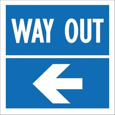 Image of Way out, arrow pointing left 1mm flexible Plastic sign (300mm x 300mm)