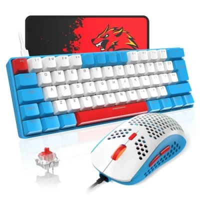 Image of T60 UK Layout 60% Mechanical Keyboard and Mouse Set, Compact 62 Keys Mini Wired Gaming 19 Rainbow Backlit + 6400DPI RGB Ultra Light PC Mice Pad For Laptop/MAC Blue/Red Switch