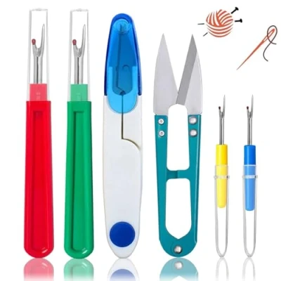 Image of Seam Ripper Stitching Thread Unpicker, 6 Pcs Professional Sewing Tool Kit Include 2 Big and Small Ripper, Positioning Pin Yarn Scissors for Needlework DIY Craft